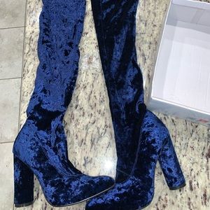 Velvet royal blue thigh high boots